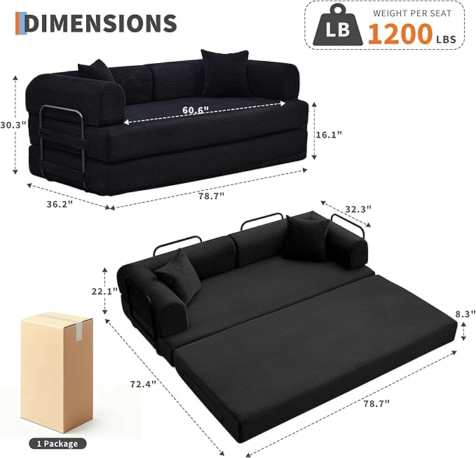 GarveeHome 79 Convertible Sleeper Sofa Bed Couch 4-in-1 Boneless Corduroy Folding Sofa Bed with Pillow &amp Fixed-Shape Floor Mattress Couch Loveseat for Living Room Apartments - No Assembly Blac