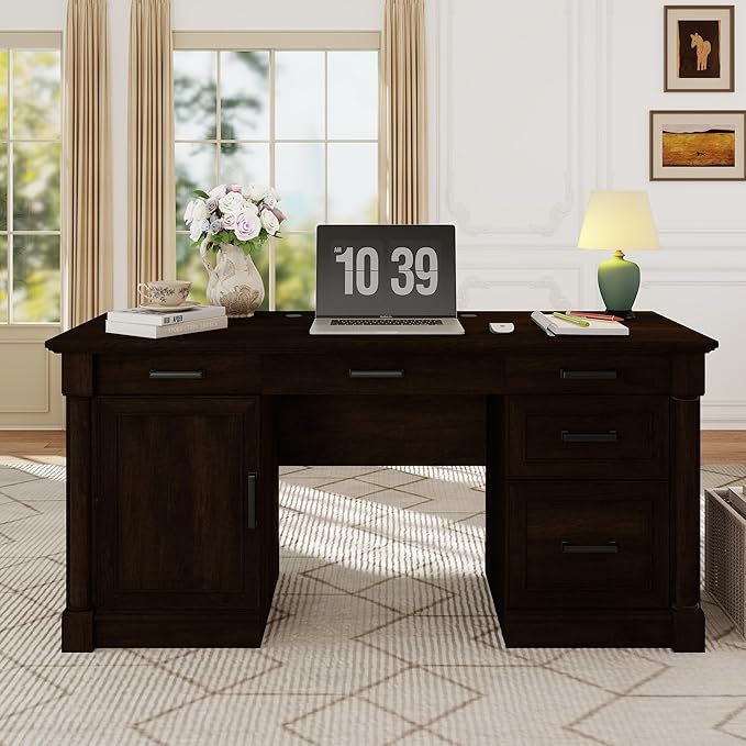 blini Large Farmhouse Executive Desk with DrawersWood Computer DeskEmbossed Texture Home Office Desk with File Cabinet Storage Cable Management Keyboard TrayWorking Table for Work Study Writing