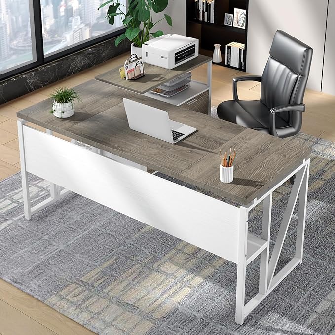 Tribesigns L-Shaped Executive Desk with Reversible File Cabinet 63 Large Office Desk with Drawers and Storage Shelves Business Furniture Workstation for Home Office (Oak Grey)