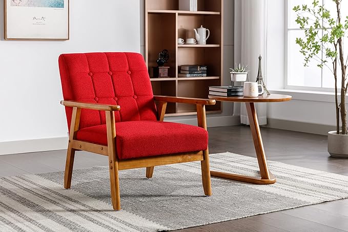 Leisure Chair with Solid Wood Armrest and Feet Mid-Century Modern Accent Chair for Living Room Bedroom Studio Chair