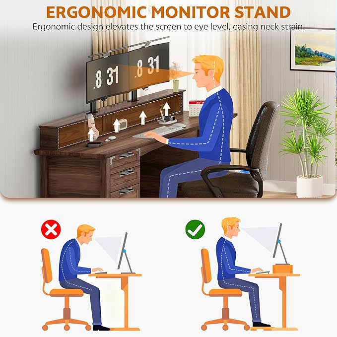 Farmhouse Office Desk with Power Outlet &amp Monitor Stand 63'' Home Computer Desk with 2 Drawers File Cabinet Storage Cabinet Executive Desk for Work Study Writing Gaming Walnut