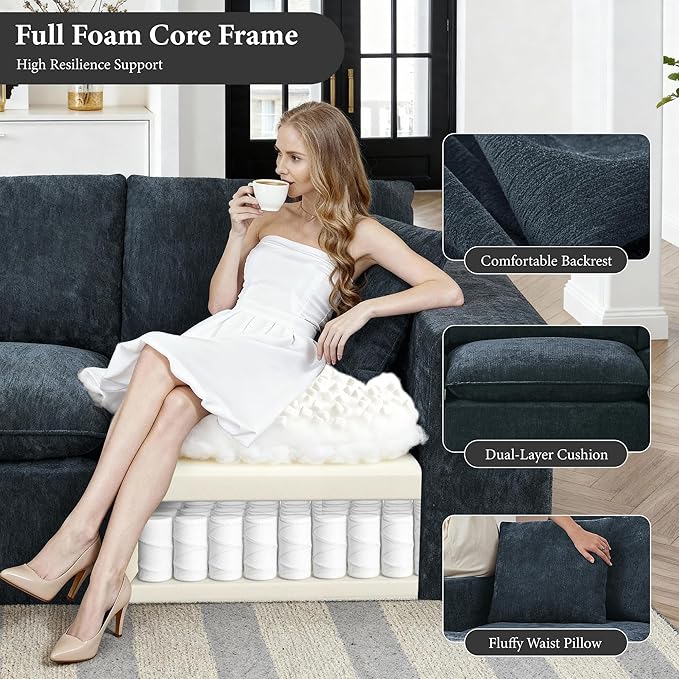110 Sectional Couches for Living Room Boneless Couch Upholstered Cloud Couch Sectional Modular Sectional Sofa with L Shaped (Chenille-Dark Grey 4 Seat+2 Ottoman)