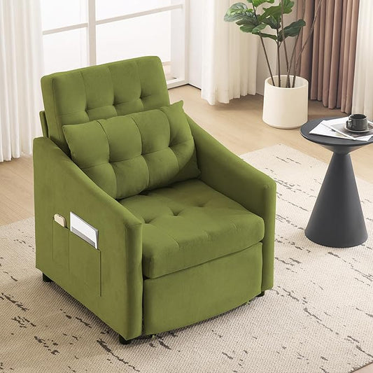 Bezseller Convertible Sofa Bed Chair 3-in-1 Sleeper Chair with Storage Drawer Pull Out Couch with Side Pocket Pillow and Adjustable Backrest for Small Spaces Living Room Green
