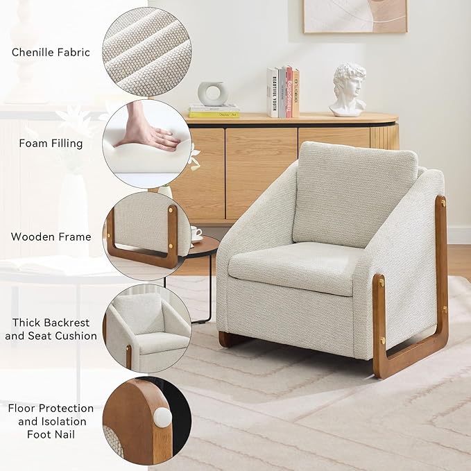 Chenille Accent ChairSingle Sofa Chair with Tilted ArmrestCozy Reading Chair for BedroomLiving Room Chair with Cushioned Backrest and Seat Holds up to 250lbs (Beige)