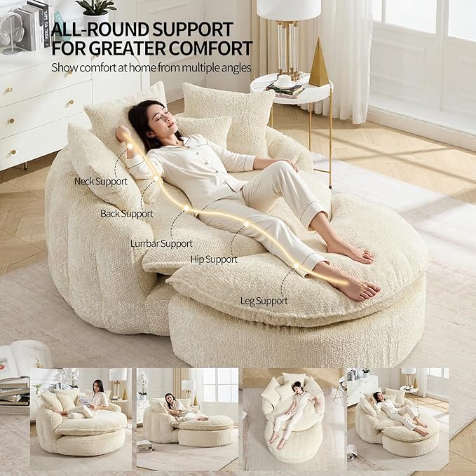 Oversized Fluffy Chenille Lounge Sofa - Extra Deep Seat Cozy Reading Circle Couch for Living Room | Indoor Lounge &amp Oversized Round Accent Design (Beige - with Ottoman)