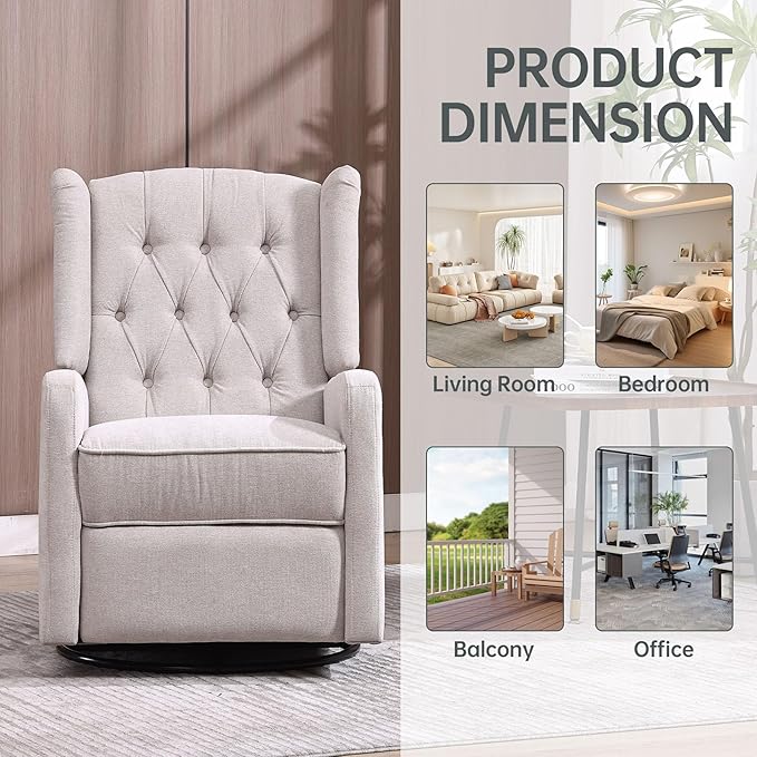 Glider Recliner Nursery Chair Cozy Linen Rocking Chair Nursery Recliner with Adjustable Button Backrest and Footrest Swivel Recliner Chair for Living Room Bedroom Office (Beige)