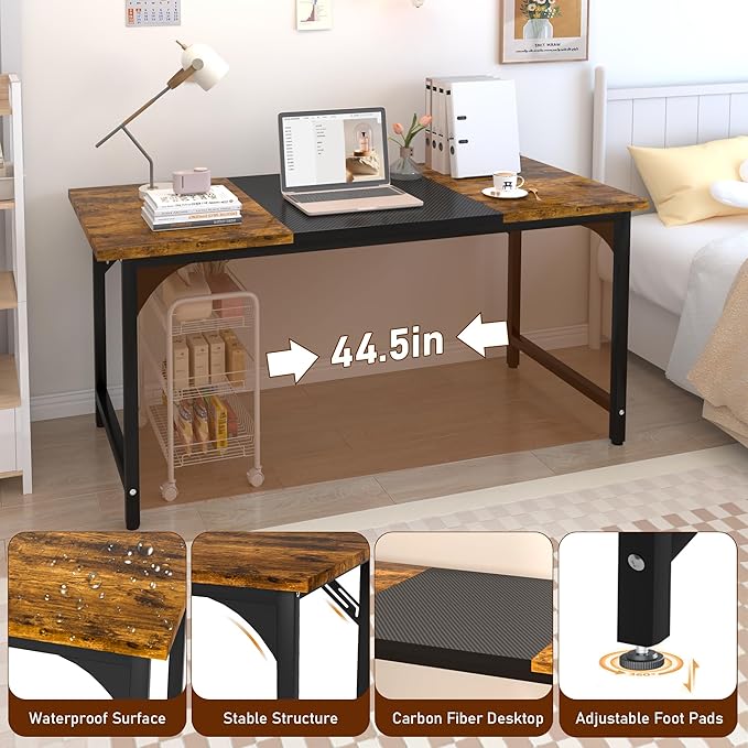 StarGraph Modern Computer Desk 55 Inch Large Office Desk with Carbon Fiber Desktop Home Office Desks with Sturdy Metal Frame Gaming Study Writing Work from Home Desks Rustic Brown
