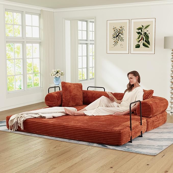 78.5W Convertible Folding Sofa Bed Corduroy Upholstered Queen Size Foam Floor Couch with Fixed-Shaped Frame Loveseat Sleeper Compression Sofa Foldable Mattress for Living Room Bedroom(Orange)