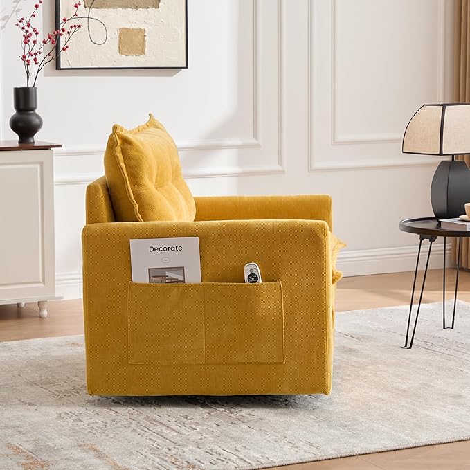 Swivel Accent Chair 360° Rotation Chenille Upholstered Leisure Armchair with Lumbar Pillow Thick Padded Arm Chair with Metal Base Single Sofa Chair for Living Room BedroomOffice (Mustard yellow)