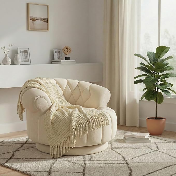 Luxury Swivel Accent Chair Oversized 31 Round Cuddle Chair with 360° Smooth Rotation Modern Channel Tufted Back Thick Padding for Living Room Bedroom Easy Assembly - Sand Beige