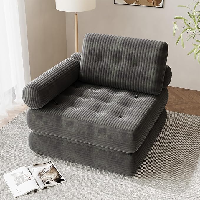 35 Folding Sofa Bed 5-in-1 Convertible Sleeper Chair Floor Mattress with Removable Armrest Boneless Couch in a Box Fold Out Futon Lounge Chair Bed for Dorm Bedroom Small Space - Grey Single