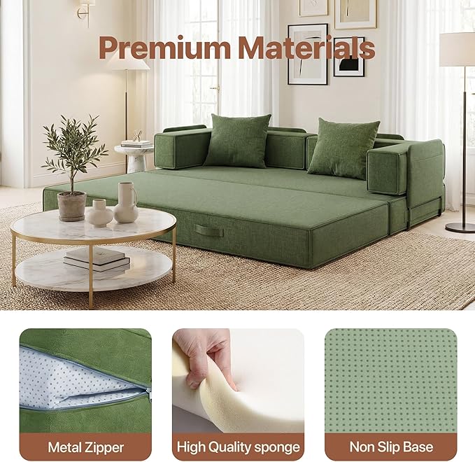 Claiks 4-in-1 Convertible Sofa Bed82 Inch Compression Sofa with Corduroy Fabric Pull Out Sleeper Sofa with 2 Pillows &amp 4 Side Pockets for Living Room Bedroom ApartmentNo Assembly RequiredGreen.