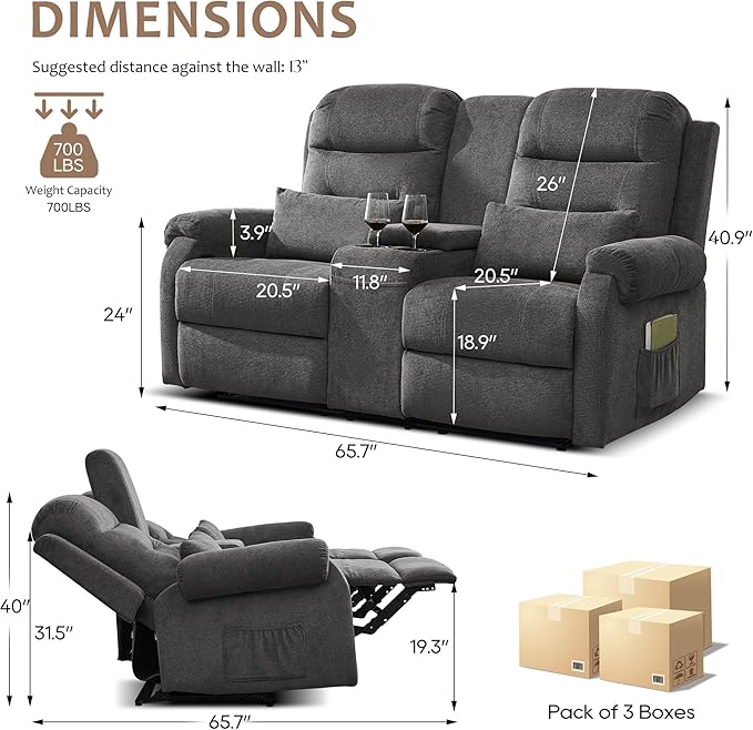 DRMBOOK RV Loveseat Recliner Sofa with Console Flax Velvet Double Wall Hugger Reclining Couch Manual Home Movie Seating 2 Person Recliner Chair with Cup Holders/Storage/Pocket/Lumbar Pillow Grey