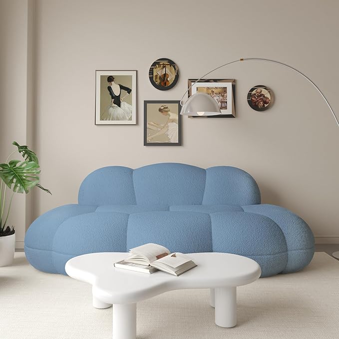 Boneless Small Couch for Bedroom 90 Modern Curved Boucle Couch Comfy Upholstered Cloud LoveSeat Floor Sofa Deep Seat Leisure Bubble Couches for Living Room Small Space (Blue No Installation)
