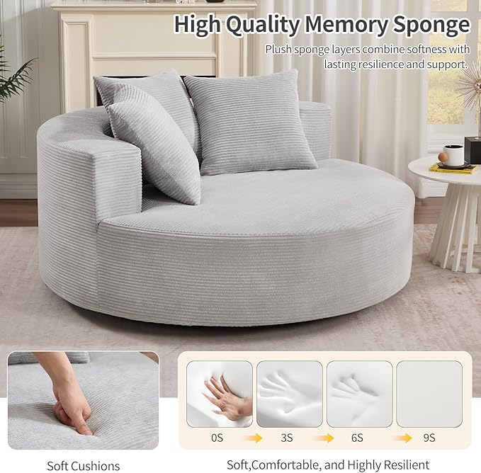 CANMOV Oversized Round Swivel Chaise Longue Chair Indoor Upholstered Corduroy Deep Seat Cloud Large Circle Sofa Chair Modern Single Cloud Sofa Bed for Living Room Bedroom Apartment Light Gray