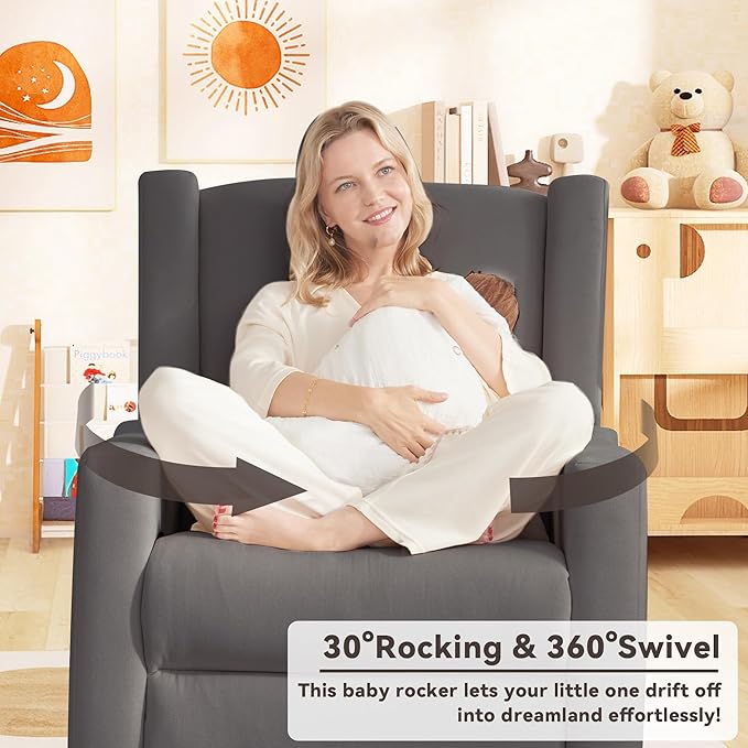 Tbfit 360° Swivel Recliner ChairNursery Rocking Chair with Lumbar Support for Bedroom Comfy Upholstered Armchair with Pillows &amp Footrest for Living Room (Hidden Ring Handle Brown)