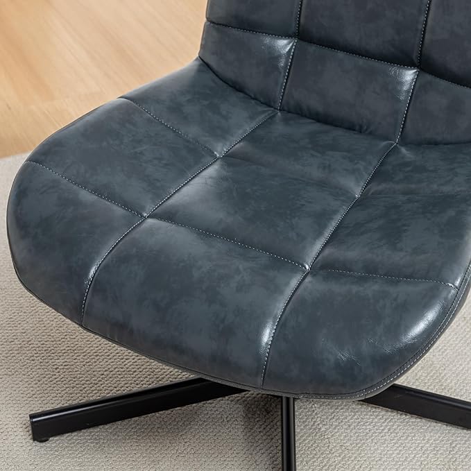 Faux Leather Tufted Swivel Accent Chair – Adjustable Height 360° Rotation Modern 5-Point Metal Base for Home Office &amp Living Room (Blue)