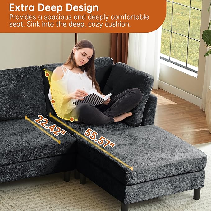 100 Sectional Couches for Living Room Modular Sectional Sofa Couch Modern Linen L Shaped Couch 4 Seater Convertible Sofa for Living Room Apartment Office Dark Grey