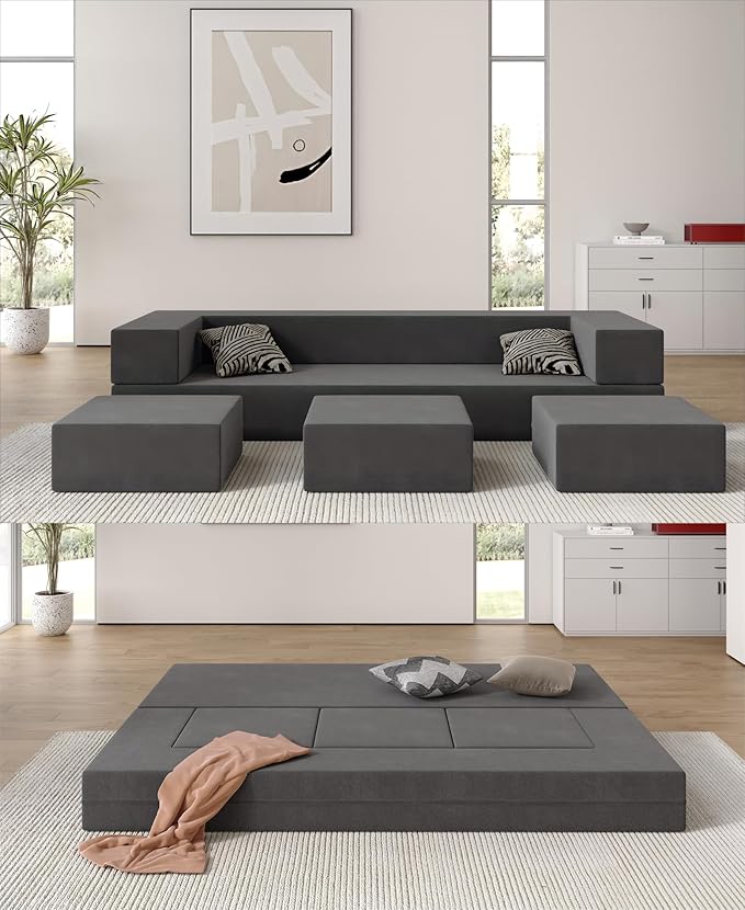 Folding Sofa Bed - Convertible Velvet Floor Couch Bed with Removable Cover 3 Ottomans Fold Out Couch Memory Foam Mattress Lazy Sofa for Dorm/Guest Room/Home Office Queen Grey