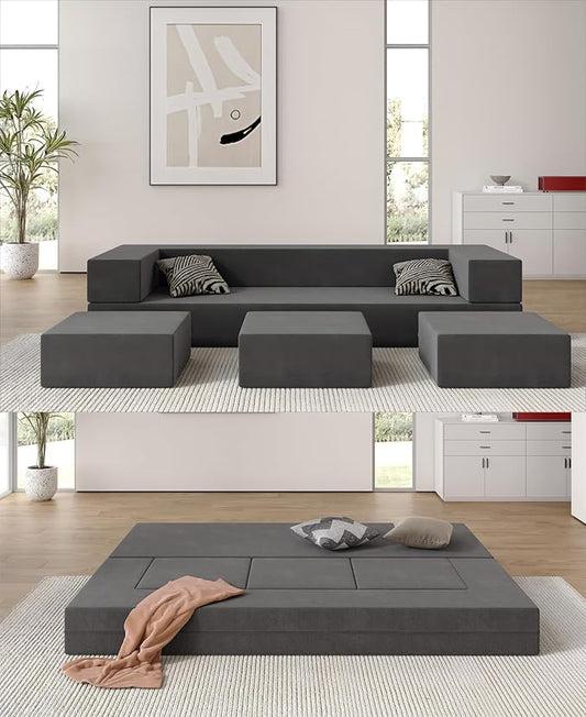Folding Sofa Bed - Convertible Velvet Floor Couch Bed with Removable Cover 3 Ottomans Fold Out Couch Memory Foam Mattress Lazy Sofa for Dorm/Guest Room/Home Office Queen Grey