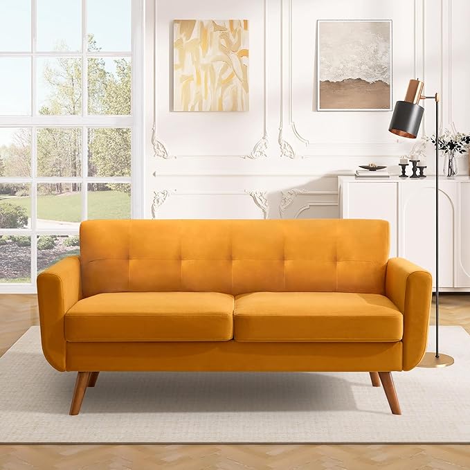 Tbfit 65 W Loveseat Sofa Velvet Mid Century Modern Love Seat Couches for Living Room Button Tufted Upholstered Small Couch for Bedroom Solid and Easy to Install Love Seats Furniture Yellow
