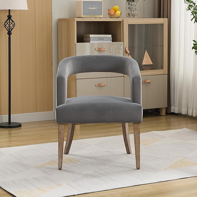 Modern Accent Chair Upholstered PU Leather Barrel Armchairs with Rubberwood Legs Comfy Lounge Arm Chair Hollow-Out Side Club Chair for Living Room Bedroom Office (Gray+Velvet)