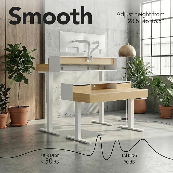 ErGear Electric Standing Desk with 5 Solid Wood Drawers 48 x 26 Inches Whole Piece Desktop with Desktop Riser Stand Compatible with C-Clamp Monitor Arms Modern Office Desk Light Walnut