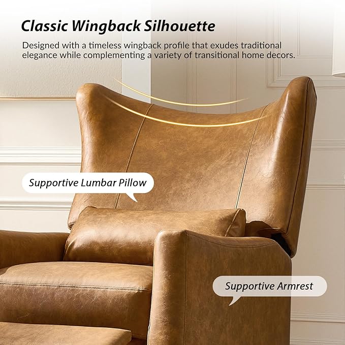 HULALA HOME Wingback Recliner Chair Faux Leather Upholstered Armchair with Lumbar Pillow Thick Padded Cushion and Solid Wood Legs for Living Room &amp Bedroom Set of 2 Camel
