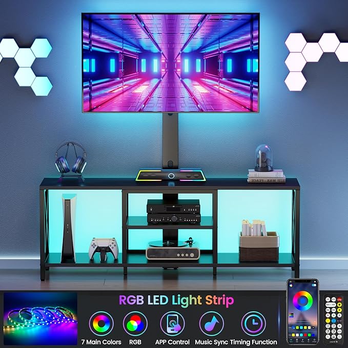 Flycity TV Stand with Mount and LED Lights Universal TV Stand Mount for 32-75 inch TV Entertainment Center with Storage Metal TV Console Table Height Adjustable TV Stands for Living Room Black