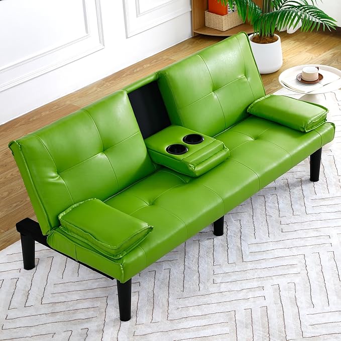 67Modern Futon Sofa BedConvertible 3 in 1 Sleeper Bed Couches with Adjustable BackrestCup HoldersComfy PVC Leather Recliner Sofa Loveseat with Chrome Legs for Small Home Living Room (Green)