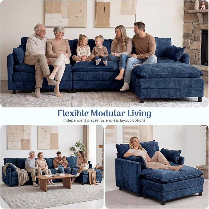 Redlife 108” L-Shaped 3-Seat Modular Sectional Sofa with Ottoman Chenille Upholstered Couch with Spring-Embedded 30D Foam Cushions Removable Covers Easy Assembly Corner Sofa for Living Room Blue
