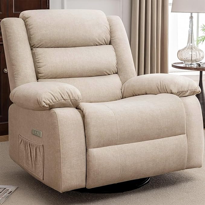 Power Recliner Chair Electric Rocker Recliner with Massage and Heat 270° Swivel Glider Oversized Wide Seat with USB Port Cashmere Nursery Chair for Living Room Khaki