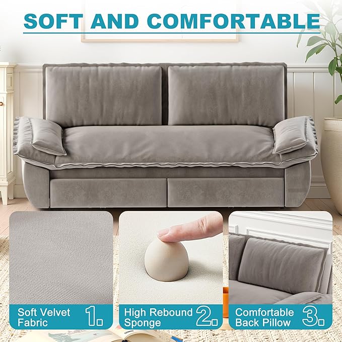 Queen Size Sleeper Sofa Bed 73.2 Inch Pull Out Couch Velvet Loveseat Sofa Bed 3 in 1 Convertible Queen Couch Beds for ApartmentBedroom Living Room Light Gray