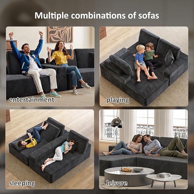 109 L Shaped Cloud Modular Sectional Couch w/Lounge Chaise Plush Corduroy Boneless Couch in a Box Comfy Modern Modular Sectional Sofa for Living Room Bedroom Apartment Corner (Grey Right Facing)