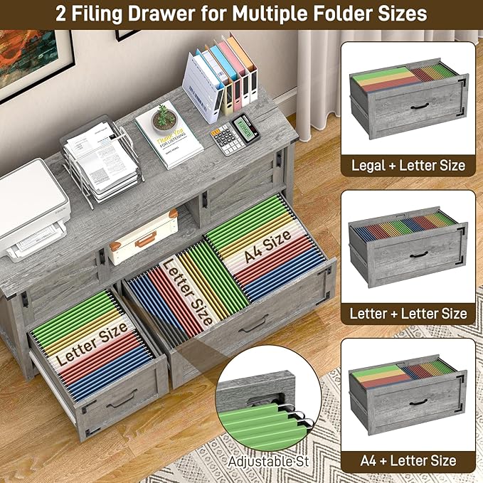 Vabches Lateral File Cabinets 2 Drawer with Sliding Barn Doors Farmhouse Filing Cabinet with 2 Drawer for Home OfficeFiling Organization Storage Cabinets for Hanging Files Letter/Legal/F4/A4.Grey