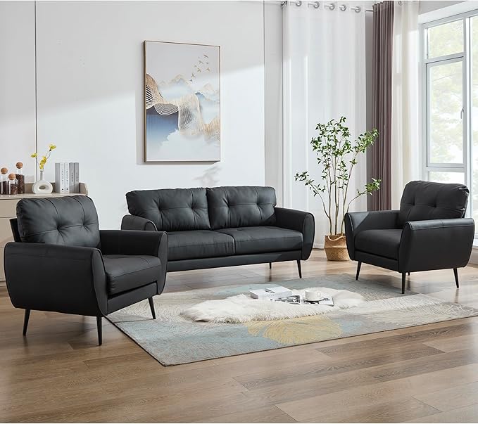 TYBOATLE Sofa Couch 61 Small Loveseat Couches for Living Room Leather Couch Mid Century Modern Tufted Mini Sofa Comfy Office 2 Seat Settee Love Seat for Small Spaces Bedroom (3 Black)