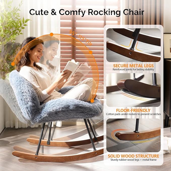 VINGLI 25.6 Extra Wide Nursery 115° Armless Rocking Chair Curved Cute Cross-Legged Glider Chair with Pillow &amp Solid Wood Nursing Chair for Bedroom Living Room Fluffy Fleece Ocean Blue