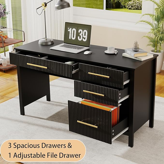 Modern Executive Desk with Drawers: 54 Black Computer Desk with File Drawer Wood Writing Desk with Storage Fluted Home Office Desks for Living Room