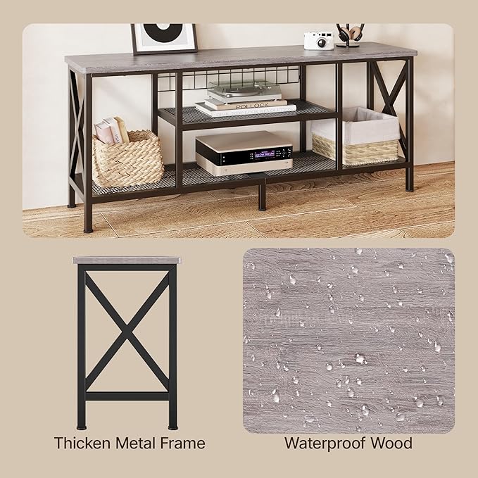 Gizoon TV Stand for 55-65 Inch TVs 3-Tier Industrial Media Entertainment Center with Open Shelves Metal Frame 59.8'' Solid Wood Table top for Living Room Bedroom Office Grey