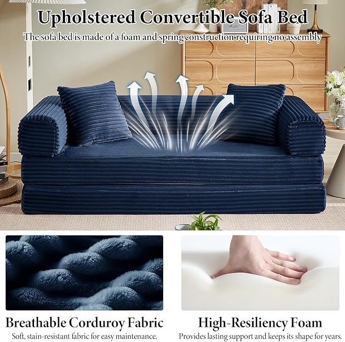 Folding Convertible Sleeper Sofa Bed Corduroy Upholstered Boneless Couch with Pillows Modular Floor Sofa Compression Couch for Living Room No Assembly Required (Blue)