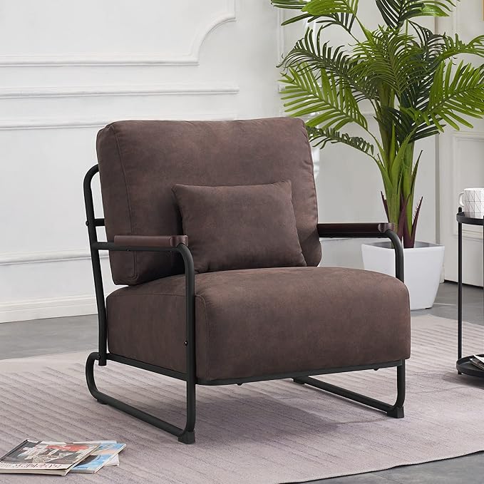 MCombo Modern Accent Chairs Upholstered Reading Chair Wooden Armrests Guest Chair for Living Room Bedroom Office HQ102 (1 Brown)