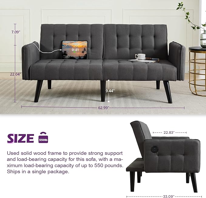 TYBOATLE 65“ Convertible Futon Sofa Bed w/ 2 USB Upholstered Tufted Small Adjustable Folding Couch Loveseat Modern Mid Century Sleeper Sofa for Living Room Bedroom Apartment Office (Dark Grey)