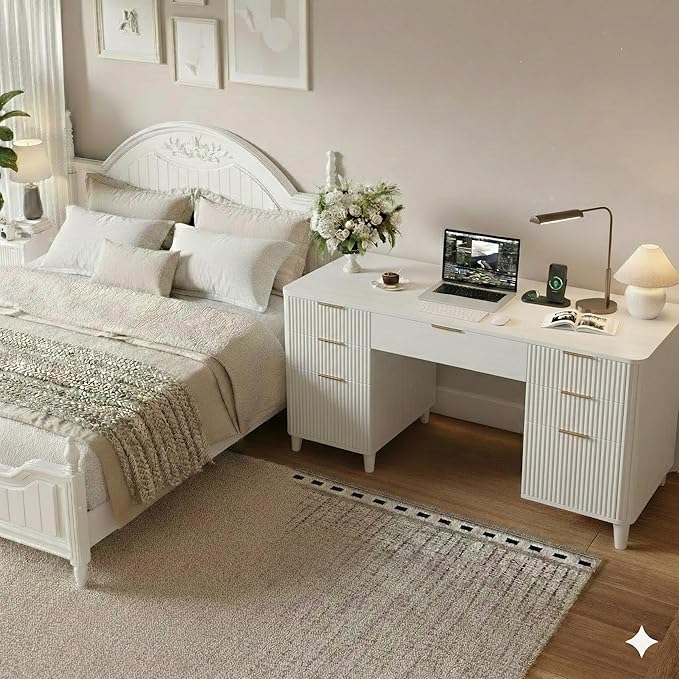White Desk with Drawers 55 Fluted Executive Desk with Storage Cabinet Wood Home Office Desk with File Cabinet Modern Computer Writing Desk for Study Living Room Bedroom