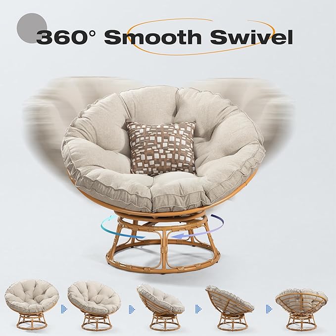 41 Papasan Chair with Cushion and 360 Degree Swivel Base Papasan Lounge Chair with Cushion and Sturdy Frame Large Saucer Chair Circle Chair Round Chair Bronze/Beige