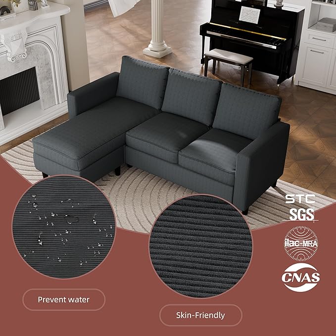 Nuturelly Nutually Convertible Sectional Sofa Couch with Movable Ottoman 3-Seater Modern L-Shaped Sofa for Small Spaces Soft Fabric Couch for Living Room Small Apartment &amp Office(Dark Gray)