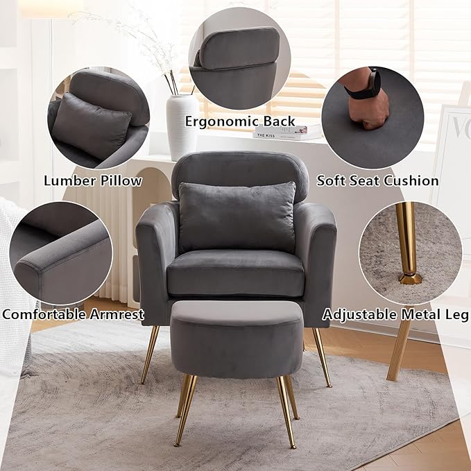 Accent Chair Dark Gray Chair with Ottoman Comfy ArmChair Footrest Set Comfortable Living Room Chairs Club Tub Sofa Chair for Reading Room Lazy Chair with Ottoman Accent Lounge Chair with Footstool