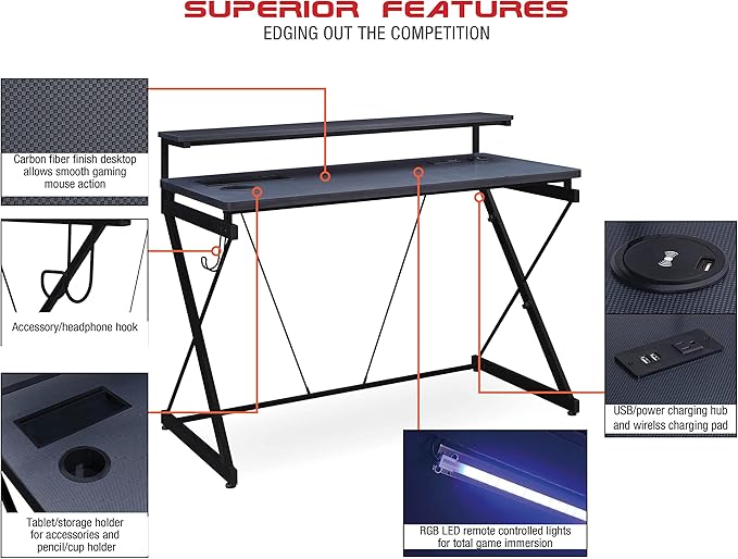 OSP Home Furnishings Emulator Battlestation Gaming Desk with RGB LED Lights Black
