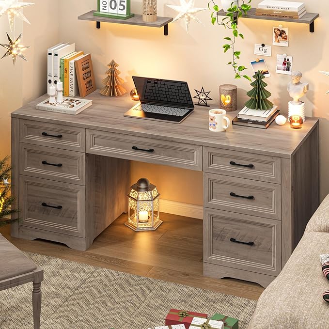 Farmhouse Executive Desk Wood Home Office Desk with 2 Large File Drawers and 5 Storage Cabinets Rustic Writing Desk for Work and Study Grey