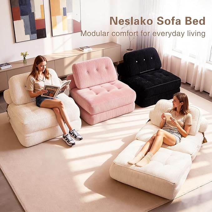 Folding Sofa Bed Flannel Futon Couch Bed with Pillow and Blanket Convertible Sleeper Chair for Living Room Bedroom (Pink+Black)