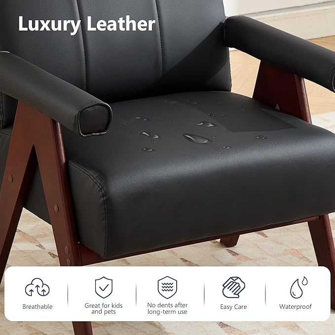 AODAILIHB Black Leather Accent ChairMid Century Modern Accent Chair Solid Wood Frame Black Leather Armchair Modern Reading &amp Living Room Chair for Office Guest &amp Waiting Room